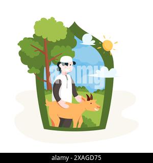 EID al-Adha Feier Vektor Illustration. Ein muslimischer Mann mit Ziege Stock Vektor