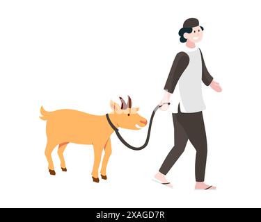 Muslimischer Mann zieht Ziegenschafe für Opfer islamisches Festival Eid Al Adha Mubarak Vektor-Illustration. Stock Vektor
