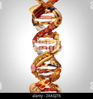 Junk Food DNA oder Junkfood Gen und FAT MASS and Adiposity Associated Gentics oder FTO als Fast-Food-Konzept mit einem genetischen Strang, der die Genetik repräsentiert Stockfoto