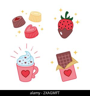 Handgezeichnete Schokoladenbonbons-Kollektion. Set aus verschiedenen Schokoladen. Valentinstag Vektor-Illustration Stock Vektor
