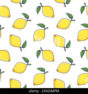 Niedliches, nahtloses Zitronenmuster im Doodle-Stil. Vektor Hand gezeichnete Zeichentrickfilm Lemon Illustration. Stock Vektor
