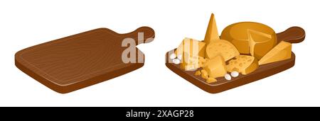 Satz Schneidebretter mit und ohne Lebensmittel. Verschiedene Käsesorten auf Schneidebrett im realistischen Stil. Vektorabbildung. Stock Vektor
