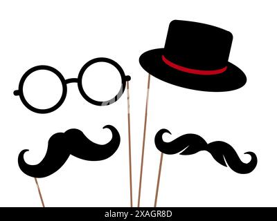 Schnurrbart-Maske mit Stock-Fotokabine Requisite Maskerade Schnurrbart und Hut Stock Vektor