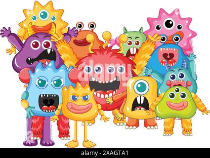 Eine Gruppe fröhlicher, farbenfroher Comic-Monster Stock Vektor