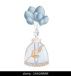 Blaue Parfümflasche mit handbemalten Ballons in Aquarell. Abbildung auf weißem Hintergrund. Wird für Poster, Postkarten und Modeschauen verwendet Stockfoto