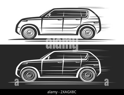 Vektor-Logo für SUV-Auto, dekoratives Automobil-Banner mit einfacher Kontur-Illustration des einfarbigen Sportfahrzeugs in Bewegung, Futuri Stock Vektor