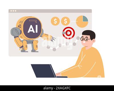 KI-gestützte Marketingtools automatisierte Bot-Analyse-Software für den Vertrieb finanzieller Anwendungen in Notebooks Stock Vektor