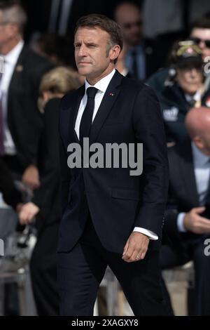 Omaha Beach, Frankreich. 30. Mai 2024. Frankreichs Präsident Emmanuel Macron nimmt am 6. Juni 2024 im Rahmen des 80. Jahrestages des „D-Day“ in Omaha Beach, Normandie, Frankreich, an der internationalen Zeremonie zum Jahrestag des „D-Day“ Teil. Foto von David NIVIERE. Quelle: Abaca Press/Alamy Live News Stockfoto