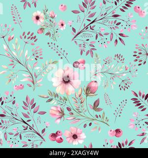 Muster mit handgezeichneten Aquarellblumen auf einem mintfarbenen Hintergrund Stockfoto