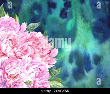 Pinke Pfingstrosen handgezeichnet auf einem Aquarellhintergrund Stockfoto