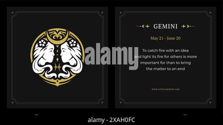 Gemini Zodiac Horoskop Beschreibung Daten schwarze Vintage Karte Set Design Vorlage Vektor Illustration. Zwillingsastrologie-Eindruck-Charaktermythologie es Stock Vektor