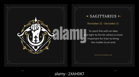 Sagittarius Sternzeichen Astrologie Datenbeschreibung Vintage schwarze Karte Design Vorlage Set Vektor Illustration. Horoskop-Symbol Astrologische Eindruck-lun Stock Vektor