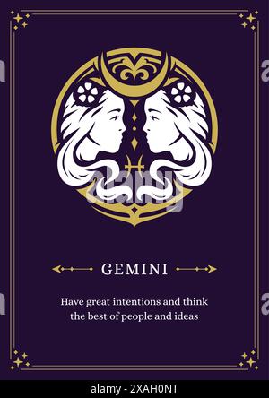 Gemini Tierkreissymbol Horoskop Astrologie Beschreibung lila Vintage Poster Design Vorlage Vektor Illustration. Frau Zwillinge der astrologischen Figur flo Stock Vektor