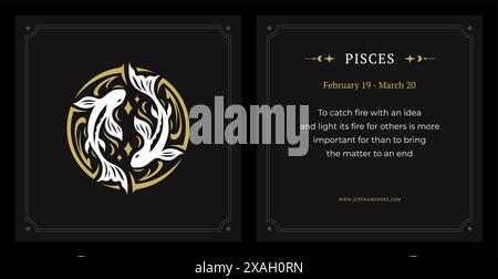 Pisces Tierkreissymbol Mondkalender Datenbeschreibung Vintage schwarze Karte Design Vorlage Set Vektor Illustration. Fische Astrologie Horoskop Mythologie Stock Vektor