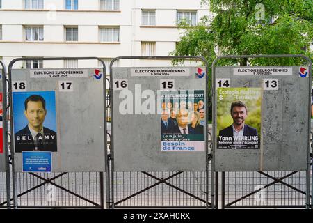 PARIS, FRANKREICH – 2. JUN 2024 – Ansicht der Wahlplakate für die Europawahlen 2024 zum Europäischen Parlament in Frankreich und darüber hinaus Stockfoto