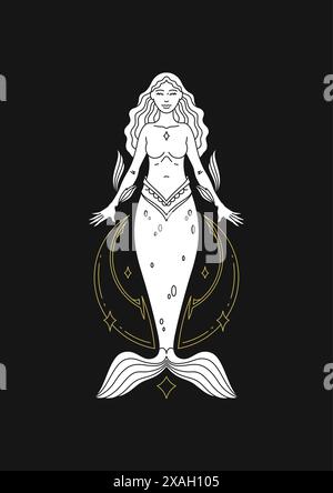 Pisces Frau Meerjungfrau Zodiac Linie Art Deco konturierte Silhouette Astrologie Horoskop Kunstwerk Vektor Illustration. Weibliche Fische antike Göttin Astronomie Stock Vektor