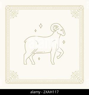 Aries Zodiac Horoskop Linie Art Deco antike goldene Ornament Vintage Karte Design Vektor Illustration. Astrologie Hornbock Symbol Mythologie Mondkalk Stock Vektor