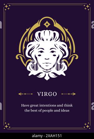 Virgo Zodiac Horoskop Himmelssymbol Frau gekrümmtes Porträt Vintage Poster Design Vorlage Vektor Illustration. Astrologisches weibliches Gesichts-Mondkalen Stock Vektor