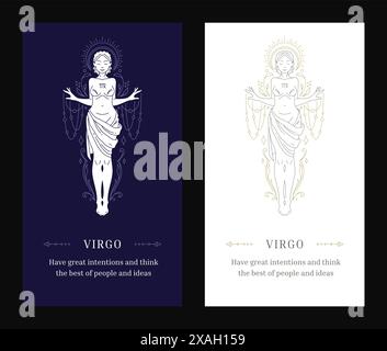 Virgo Astrologie Symbol antike Frau Göttin Tierkreisbeschreibung Linie Art Deco Poster Design Vorlage Set Vektor Illustration. Horoskop weibliches Mytholo Stock Vektor