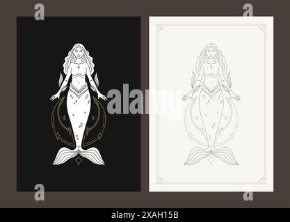 Pisces Zodiac Frau Göttin antike Meerjungfrau himmlische Charakter Linie Art Deco Poster Design Set Vektor Illustration. Horoskop weibliche astrologische lun Stock Vektor