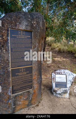 Messingtafel mit der Geschichte der Eureka Stockade Rebellion, Eureka Stockade Memorial Park, Ballarat, Victoria Stockfoto