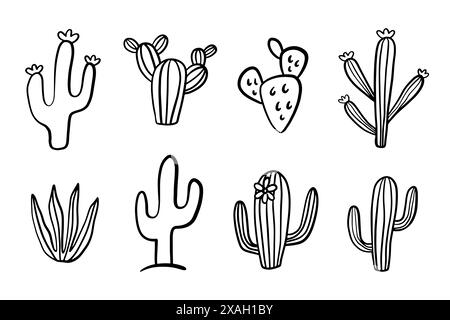 Handgezeichnetes Kakteen-Doodles-Set. Niedliche Kaktusskizze Stock Vektor