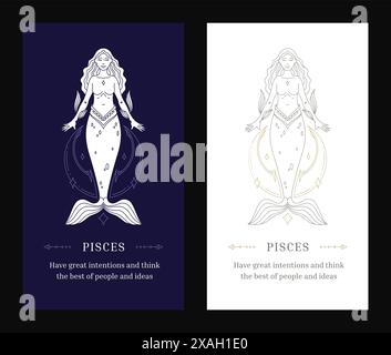 Pisces Zodiac Astrologie Frau Göttin Meerjungfrau Linie Art Deco Poster Design Vorlage Set Vektor Illustration. Horoskop astrologischer weiblicher Charakter fi Stock Vektor