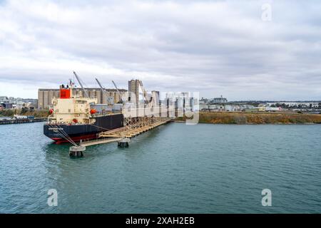 Hafen von Geelong mit Schiff an der Verladestelle, Corio Bay, Geelong, Victoria Stockfoto