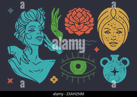 Statue einer antiken Göttin mit Boho-Händen. Kopf einer traurigen Frau mit blühender Blume. Mystische Kanne mit Sternsymbol. Okkulte Ritualgegenstände. Vektor flach Stock Vektor