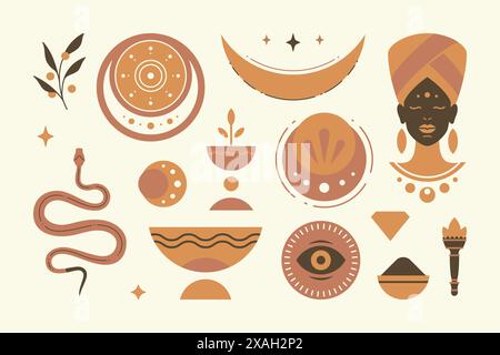 Abstrakte afrikanische ethnische dekorative Designelemente setzen Vektorillustration. Weibliches Gesicht Silhouette, Mondsichel, Schlangenform und andere traditionelle s Stock Vektor