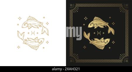 Zodiac pisces Horoskop Zeichen Linie Kunst Silhouette Design Vektor Illustration. Kreatives dekoratives elegantes lineares Sternzeichen-Sternzeichen-Emblem templat Stock Vektor