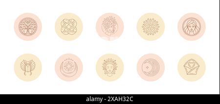 Eine Reihe von Symbolen und Emblemen für Social-Media-Geschichten hebt Cover in linearer Vektorillustration hervor. Moderne Zeichnungen mit femininen Zeichen und Magie Stock Vektor