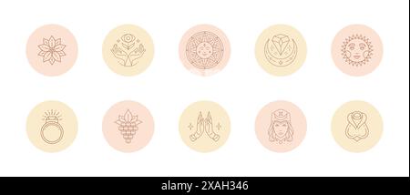 Eine Reihe von Symbolen und Emblemen für Social-Media-Geschichten hebt Cover in linearer Vektorillustration hervor. Moderne Zeichnungen mit femininen Zeichen und Magie Stock Vektor