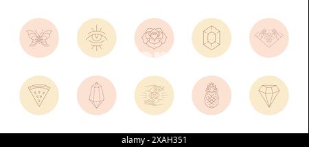 Eine Reihe von Symbolen und Emblemen für Social-Media-Geschichten hebt Cover in linearer Vektorillustration hervor. Moderne Zeichnungen mit femininen Zeichen und Magie Stock Vektor