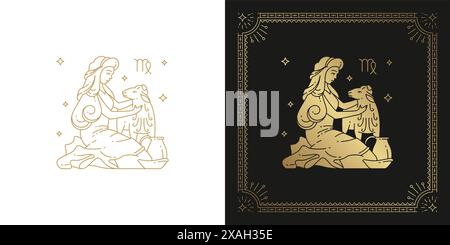 Zodiac virgo Horoskop Zeichen Linie Kunst Silhouette Design Vektor Illustration. Kreative dekorative elegante lineare Astrologie Sternzeichen Virgo Emblem Vorlage Stock Vektor