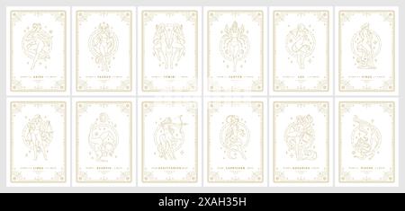 Zodiac Frauen Horoskop Zeichen lineare Silhouetten Design Vektor Illustrationen Set. Astrologie-Symbole esoterischer weiblicher Zeichenvorlagen für Karten Stock Vektor