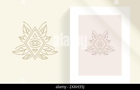 Abstrakte magische Augen Silhouette lineare Vektorillustration. Emblem einer esoterischen Raute mit abstraktem menschlichem Auge, umgeben von eleganter Pflanze Stock Vektor