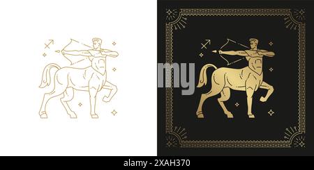 Zodiac sagittarius Horoskop Zeichen Linie Kunst Silhouette Design Vektor Illustration. Kreatives dekoratives elegantes lineares Sternzeichen der Astrologie sagittarius embl Stock Vektor