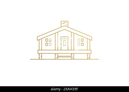 Campingkabine Silhouette Moderne lineare Stil Vektorillustration. Gemütliches Ferienhaus mit Tür und Fenstern minimaler Objektkontur Stil. „Good for Camp“-Logo Stock Vektor