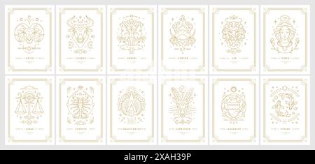 Zodiac Astrologie Horoskop Karten lineares Design Vektor Illustrationen Set. Elegante Symbole und Symbole von esoterischen Horoskop-Vorlagen für Wanddruckpfosten Stock Vektor