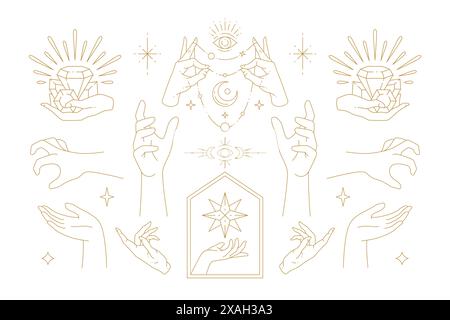 Weibliche Hände Gesten Sammlung von Linienkunst handgezeichnete Stil Vektor-Illustrationen. Feminine Zaubersymbole für geheimnisvolles Emblem und Verpackung oder Cello Stock Vektor