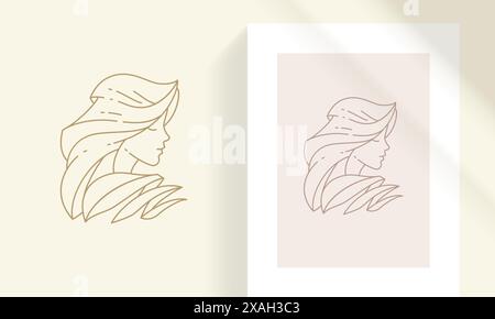 Junge Frau Kopf Silhouette lineare Vektor Illustration. Profil der jungen Frau und Rahmen mit Bildmuster als elegantes minimales Objekt in Th Stock Vektor