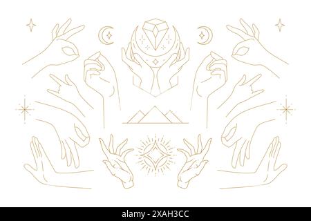 Weibliche Hände Gesten Sammlung von Linienkunst handgezeichnete Stil Vektor-Illustrationen. Feminine Zaubersymbole für geheimnisvolles Emblem und Verpackung oder Cello Stock Vektor