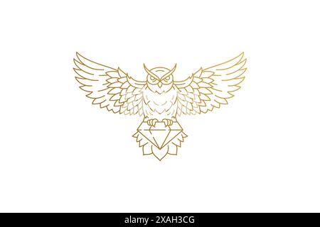 Fliegende Eule mit Diamant-Silhouette lineare Vektorillustration. Goldene wilde Eulen fliegen und Edelstein als Symbol für Weisheit und Wissen kreiert Stil. Stock Vektor