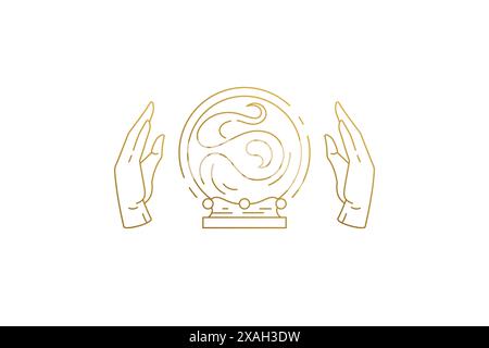 Hände des Wahrsagers und Kristallkugel Silhouette lineare Vektor Illustration. Der Wahrsager versucht, den Stil der Zukunft und der mystischen Sphäre zu erraten. Stock Vektor