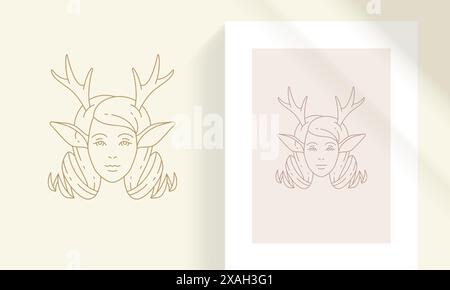 Weiblicher Faun Kopf mit Geweih Silhouette lineare Vektor Illustration. Mystischer Schamanenkopf einer eleganten Frau mit Hirschohren minimaler Objektkontur. Stock Vektor