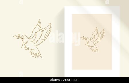 Minimale Vektorillustration der Umrissgrafik Emblem Vorlage des fliegenden Taubenvogels mit Baumzweig im Schnabel, der Frieden und Hoffnung Symbol darstellt Stock Vektor