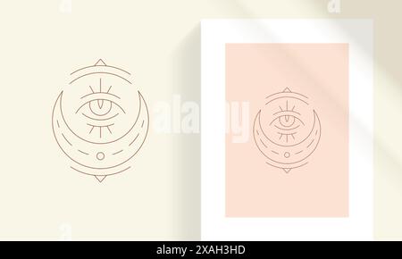 Magisches Auge und Mondsichel Linie Kunst Stil Vektor Illustration. Boho Mystic Sehen Auge lineare Zeichnung für Poster und esoterische Praktiken Logo Emblem de Stock Vektor