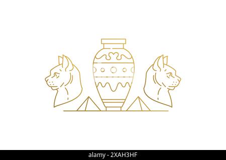 Katzenköpfe in der Nähe von Vase und Pyramiden Silhouette lineare Vektorillustration. Bastet-Göttin mit ornamentaler Vase und Pyramiden als Symbol der ägyptischen Kultur Stock Vektor