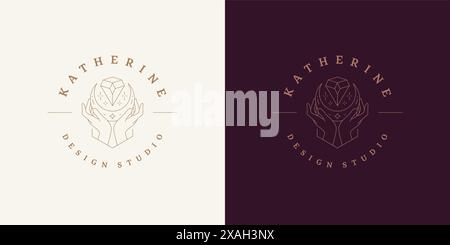 Magische Hände mit Mondsichel Logo Emblem Design Vorlage Vektor Illustration in minimaler Linie Art Stil. Lineare mystische Gestensilhouette für Esoteri Stock Vektor